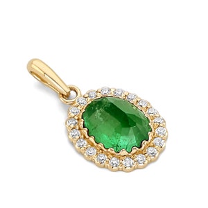 Yellow Gold Pendant With Emerald Gemstone, Oval Emerald Pendant With Diamonds, Green Pendant For Woman&#39;s Necklace