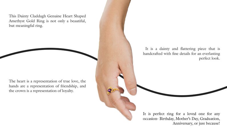 May include: A gold ring with a purple heart-shaped stone. The ring is a Claddagh ring, which is a traditional Irish ring that symbolizes love, friendship, and loyalty.