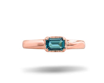 December Birthstone Ring, Emerald Cut Blue Topaz Ring, Engraved Gold Ring With Small Gemstone, Personalized Ring, Stackable Ring