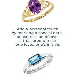 May include: Two rings with gemstones and engraved messages. The top ring is gold with a purple gemstone and the inscription "Your Message Here". The bottom ring is silver with a blue gemstone and the inscription "Custom Engraving For Free".