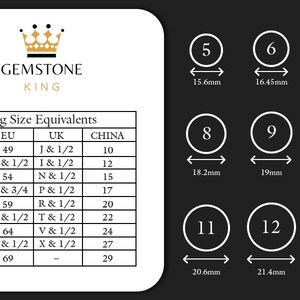 May include: A chart showing ring size equivalents in US, EU, UK, and China sizes. The chart also includes the corresponding inner diameter of the ring in millimeters.