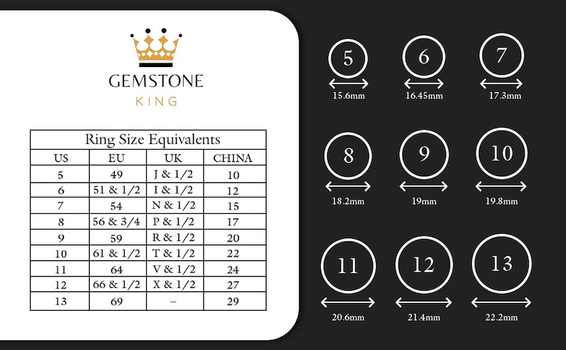 May include: A chart showing ring size equivalents in US, EU, UK, and China sizes. The chart also includes the corresponding inner diameter of the ring in millimeters.