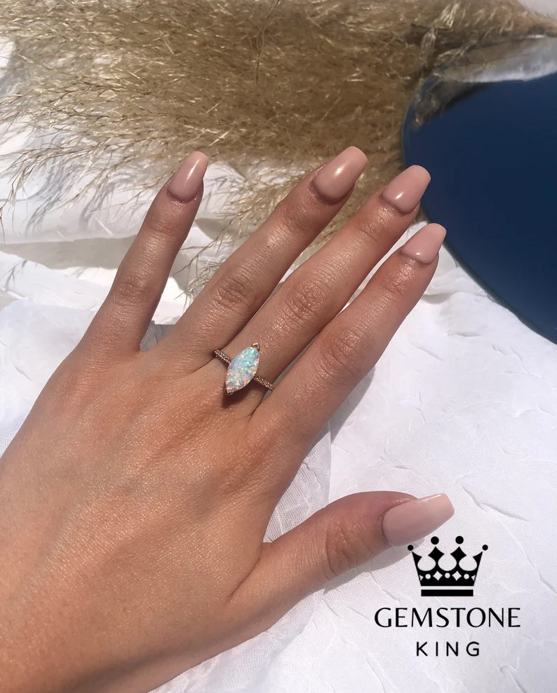 Genuine Opal and Diamond Gold Ring, Affordable Engagement Ring, Marquise Cut Opal Ring With Diamonds, Statement Ring, Dainty Gold Ring