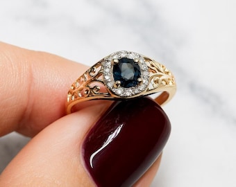 Sapphire & Diamond Filigree Ring – 14K 10K Real Gold Yellow Gold Vintage Style Fine Jewelry
