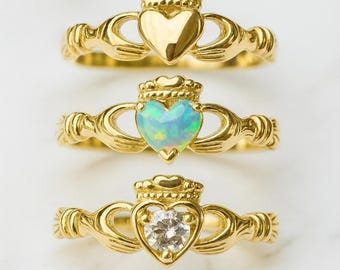 Claddagh Ring aus massivem 10K & 14K Gold – Opal, Labor gewachsener Diamant, oder Herz – Traditionelles irisches Design, einzigartiger keltischer Schmuck