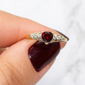 Garnet & Diamond Heart Love Ring • Real 10k 14k Gold • January Birthstone Gift for Her