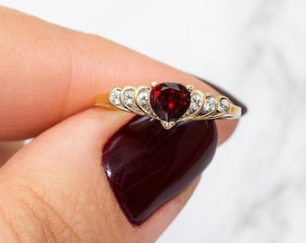 Garnet & Diamond Heart Love Ring • Real 10k 14k Gold • January Birthstone Gift for Her