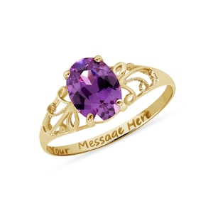 10k Gold Ring, Gold Amethyst Ring, Genuine Amethyst Ring, Engraved Ring, Personalized February Birthstone Jewelry, Purple Statement Ring