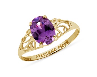 10k Gold Ring, Gold Amethyst Ring, Genuine Amethyst Ring, Engraved Ring, Personalized February Birthstone Jewelry, Purple Statement Ring