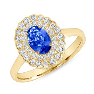 Tanzanite Ring With Double Diamonds Halo, Gold Ring Tanzanite, Vintage Style Ring, Proposal Ring, Engagement Ring Blue
