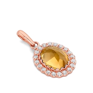 Rose Gold Pendant With Citrine Gemstone, Oval Citrine Pendant With Diamonds, Yellow Pendant For Woman&#39;s Necklace