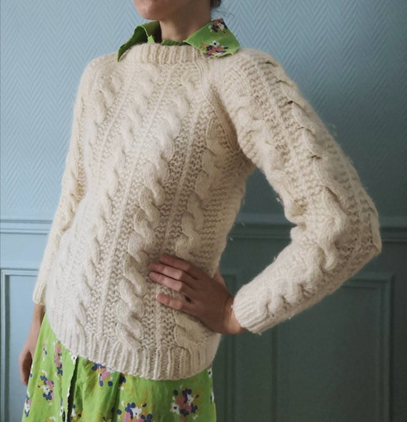 Vintage Hand Knitted Cable Knit Ecru Sweater