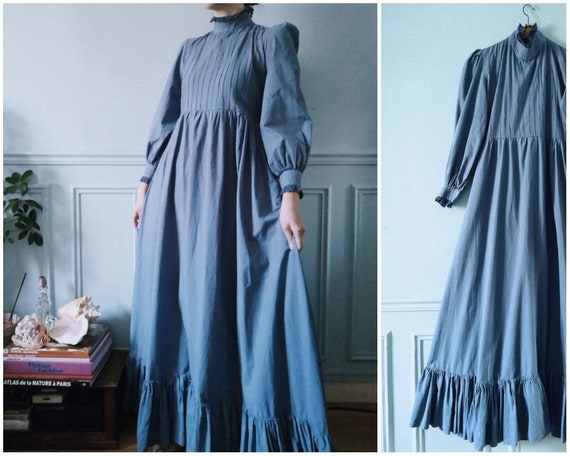 70's Blue Cotton Prairie Dress