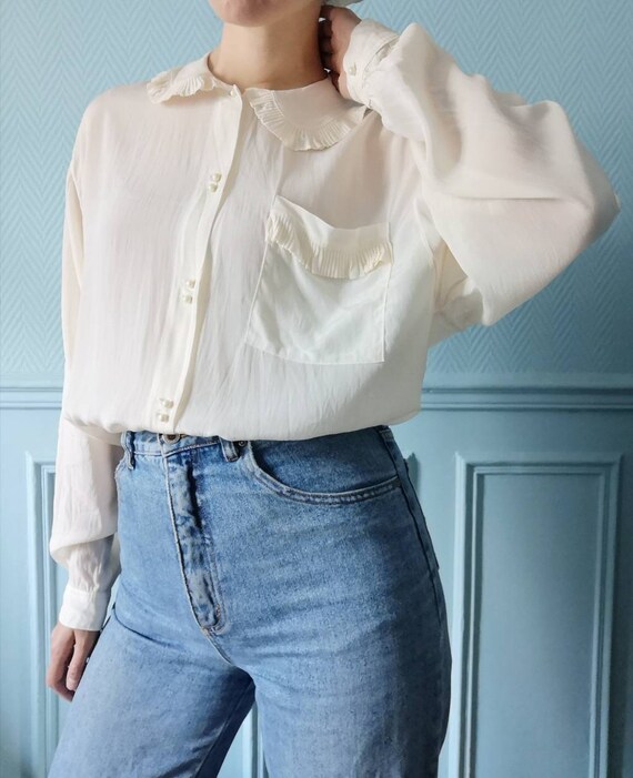 70's Ecru Silk Mix Statement Collar Blouse