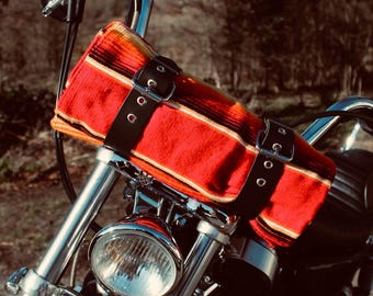 Biker Bed Roll up tote wrap with Fire serape Mexican blanket