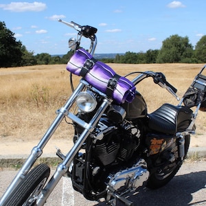 Biker bed roll up tote wrap with Isla purple serape Mexican blanket