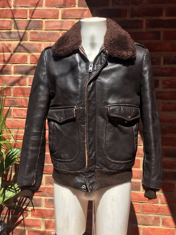 Mens Vintage Leather Flight Jacket with fur collar