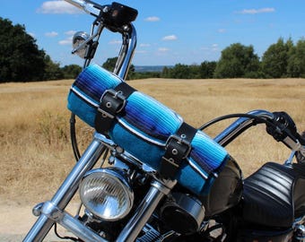 Biker bed roll up tote wrap with Isla blue serape Mexican blanket