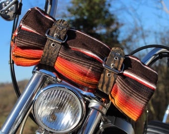 Biker bed roll up tote wrap with Isla brown serape mexican blanket