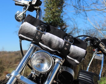 Biker bed roll up tote wrap with Isla midnight serape Mexican blanket