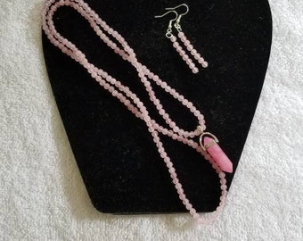 Rose Quartz Bead Necklace with Wand Pendant