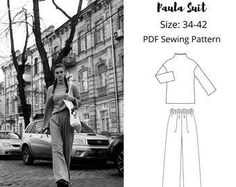 Loungewear Set Sewing Pattern, Turtleneck Jumper, Wide Leg Joggers (PDF Pattern)