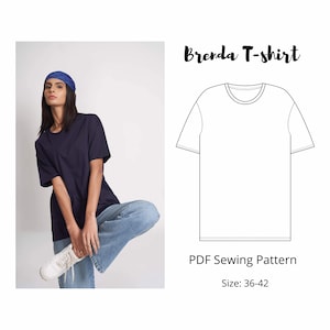 May include: A PDF sewing pattern for a Brenda T-shirt, with a size range of 36-42. The pattern is shown on a white background, with a line drawing of the T-shirt.