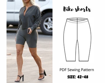 May include: A black and white line drawing of a pair of bike shorts. The drawing is on a white background with the text "Bike shorts" and "PDF Sewing Pattern SIZE: 42-48" below the drawing.