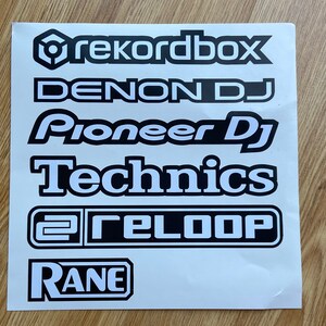 May include: A white sheet of paper with black text on it. The text includes the names of popular DJ equipment brands, such as Rekordbox, Denon DJ, Pioneer DJ, Technics, Reloop, and Rane.