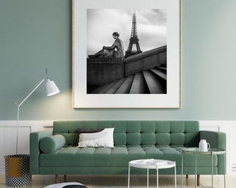 Paris Skyline Wall Art — Eiffel Tower Foggy Photography, Black and White Minimalist Print — Paris Slow Down