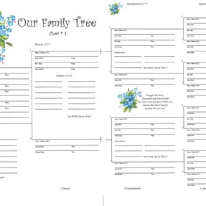 May include: A printable family tree chart with a blue forget-me-not flower design. The chart includes sections for parents, children, grandparents, and great-grandparents. The text "Forget Me Not!" appears at the top of the chart.