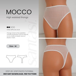 May include: White high-waisted thongs with a delicate pattern and scalloped edges. The image includes a front and back view of the underwear, along with the text "MOCCO" and "High waisted thongs". The pattern is a small houndstooth design.