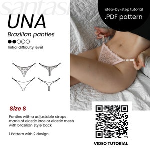 May include: A light pink Brazilian panties made of lace. The image includes a diagram of the panties, the text "UNA Brazilian panties", and "step-by-step tutorial .PDF pattern". The difficulty level is marked as initial, and the size is S.