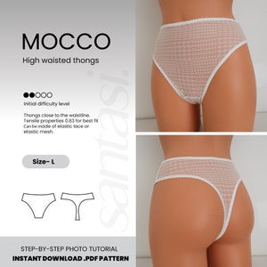 May include: White high-waisted thongs with a houndstooth pattern. The thongs are made of elastic lace or mesh. The image includes the text "MOCCO High waisted thongs" and "Size- L".