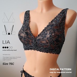 May include: A black lace wireless bra with a scalloped edge is displayed on a mannequin. The bra is size 75C. Text on the image includes "LIA", "Initial difficulty level", and "DIGITAL PATTERN step-by-step photo tutorial".