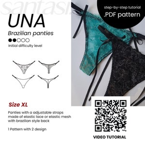 Puede incluir: Imagen de un patrón PDF para bragas brasileñas. El diseño incluye un par de encaje turquesa y negro con tirantes ajustables. El texto dice "UNA Brazilian panties" y "Talla XL". Un código QR enlaza a un tutorial en vídeo.