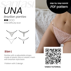 May include: A PDF pattern for Brazilian panties, size L, with adjustable straps. The design includes elastic lace or mesh with a Brazilian style back. The image shows a close-up of a pink lace panty and technical drawings.