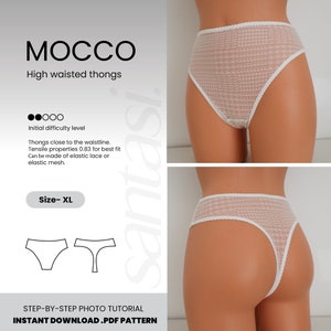 May include: White high-waisted thongs with a delicate houndstooth pattern. The thongs are made of elastic lace or mesh and close to the waistline. The image includes the text "MOCCO" and "High waisted thongs". The size is XL.