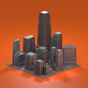 Puede incluir: Un modelo de un horizonte de ciudad con varios edificios grises, incluyendo un rascacielos alto con un techo puntiagudo.