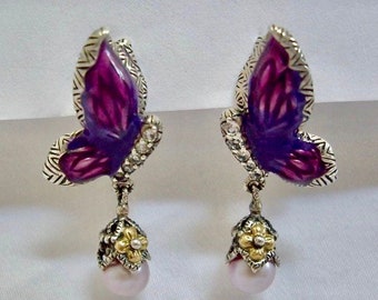 Gorgeous Hand Crafted Barbara Bixby Sterling and 18kt Gold Butterfly Earrings, Topaz & Freshwater Pearl Purple Enamel Designer Dangles