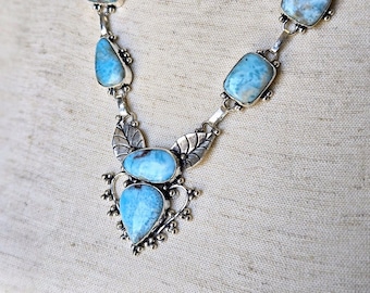 Vintage Larimar Y Statement Necklace in Sterling Silver, Southwestern Boho Jewelry, 17”