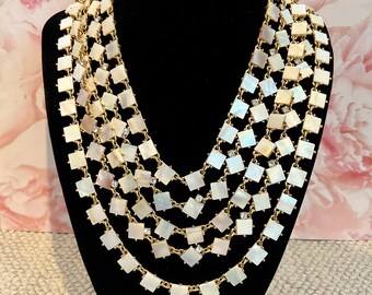 Vintage Mother of Pearl Statement Necklace: 12k Gold Plated, Austrian Crystal