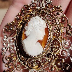 Antique Genuine Carnelian Carved Cameo Necklace Pendant, .800 Sterling Silver w/ Gold Toned Open Scroll Work - European Estate Cameo