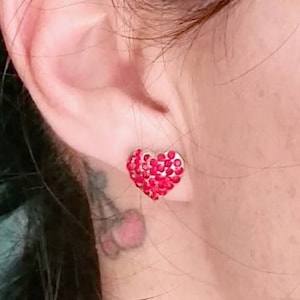 Red Rhinestone Silver Heart Shaped Estate Stud Earrings for Girls or Women - Dainty Vintage Post Studs from the 1990s