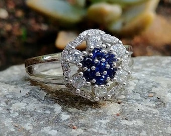 Vintage Blue Sapphire with Natural White Sapphires Statement Cocktail or Fashion Ring in Sterling Silver, Heavy - US Size 8 1/4