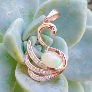 Vintage Petite Swan Opal and CZ Pendant in 10kt Rose Gold Over Sterling Silver image 1