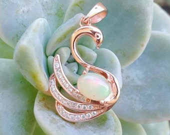 Vintage Rose Gold over Sterling Silver Petite Swan Pendant with Genuine Fire Opal and Pave Cubic Zirconia Accents