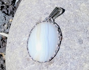 Genuine Blue Lace Agate Pendant in Sterling Silver, Petite Vintage Mexico Necklace