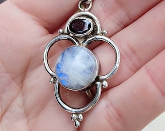 Vintage Solid Sterling Silver Moonstone and Amethyst Boho Style Pendant