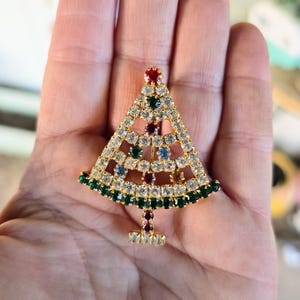 Cute Vintage Estate Christmas Tree Rhinestone Brooch Pin in Gold Tone, White, Green, Yellow, Blue Stones - Holiday Jewelry